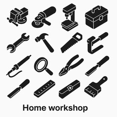 Fototapeta premium Essential black silhouette icons of workshop tools for home fixes