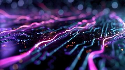 Abstract Digital Circuit Board with Vivid Neon Colors and Light Trails for Technology and Innovation Concepts