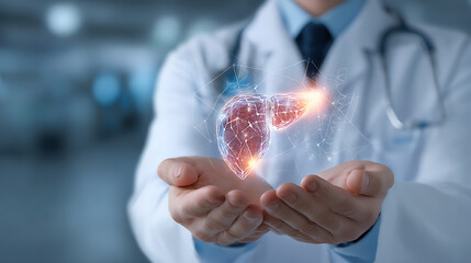Doctor holding glowing digital liver with medical network healthcare