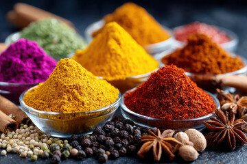 Colorful spices and herbs in bowls on dark background