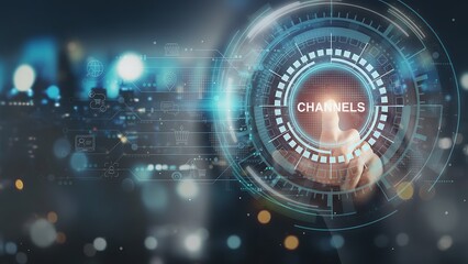 Exploring digital channels, a hand interacts with a futuristic interface, illustrating interconnectedness and the future of technology and innovation. 