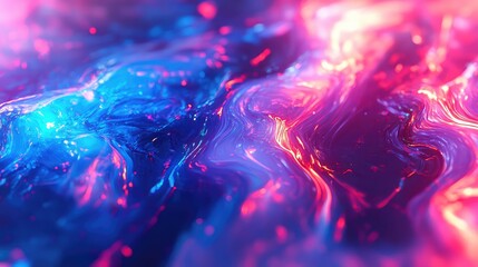 Abstract liquid surface displaying intense blue, pink, and purple light, generating a dynamic and energetic flow with sparkling particles and soft bokeh effects