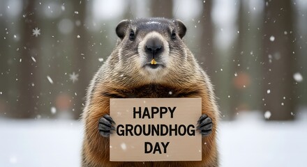 Groundhog holding a happy groundhog day sign in a snowy forest