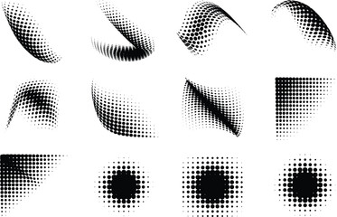 Dotted shape. Abstract halftone dot pattern with wavy half tone gradient shapes, dotted texture curves and smooth dot wave elements on white background