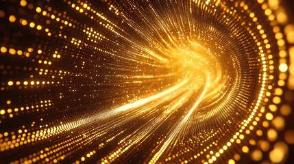 Abstract golden light particles flowing through a swirling digital tunnel, creating a dynamic background representing connection, speed, and futuristic technology