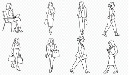 Set of silhouettes of women in front view, standing and seated