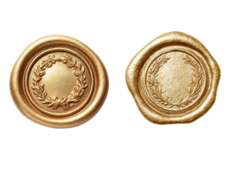 Golden wax seals with laurel wreath design on black background