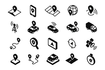 Collection of iconic gps and navigation symbols in black and white design