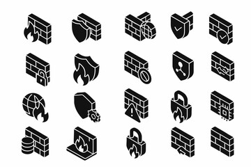 Firewall and cybersecurity icons set: shields, locks, and fire symbols