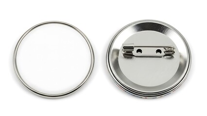 Two silver metal badge holders on white background