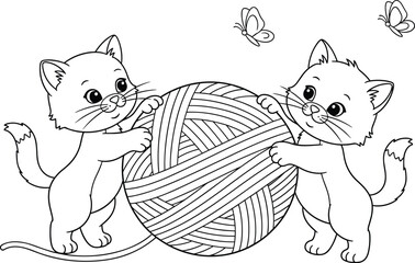 Two Adorable Kittens Playing with a Large Ball of Yarn, Surrounded by Butterflies, Black and White Outline Drawing, Coloring Book Art