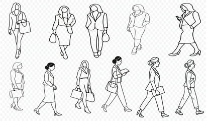 Set of silhouettes of women in front view, standing and seated