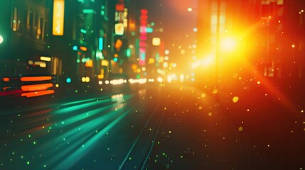 Busy urban street capturing bright light trails and glowing bokeh effects, conveying movement and energy in a futuristic cyberpunk metropolis at night