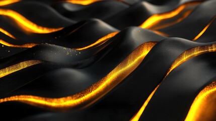 Abstract waves forming a dark textured surface with sparkling golden lines and glittering particles, creating a modern and luxurious flowing background design