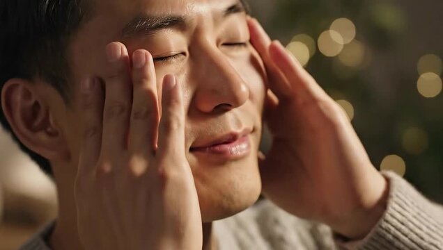 Stressed Asian Man Massaging Temples with Eyes Closed.