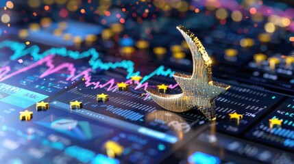 Golden star and crescent moon on digital stock market graph with colorful indicators and sparkling effects