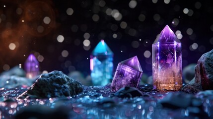 Stunning Colorful Crystals Surrounded by Water with Glimmering Bokeh Effect in Mystical Setting