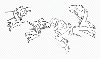 Set of silhouettes of women in front view, standing and seated