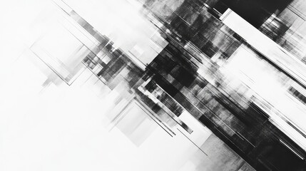 Black and white abstract geometric pattern creating dynamic lines and gridded shapes, symbolizing modern technology, data connections, and urban architectural forms with a grunge texture