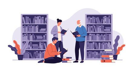 Three men of different generations reading and choosing books together in a library, representing lifelong learning and a love for literature.