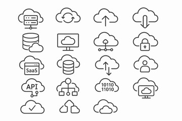 Cloud computing icons with storage, networking, and security symbols