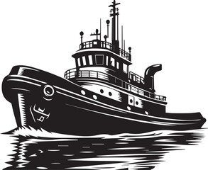 Obraz premium Tug boat sailing on calm water with prominent fender on side.eps 