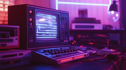 Vintage computer setup featuring an old monitor displaying abstract blue lines, a classic keyboard, and electronic equipment, all illuminated by neon cyberpunk lighting
