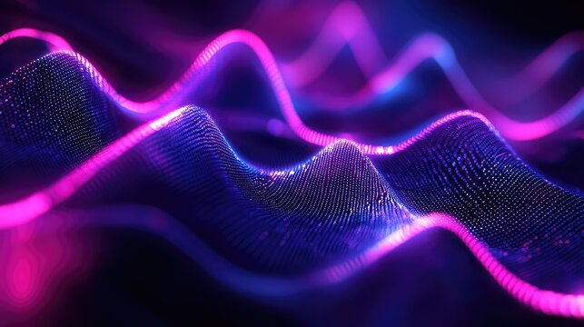 Digital data wave forming an abstract undulating grid surface with vibrant pink and blue light, representing technology, communication, and information flow over dark background - Powered by Adobe
