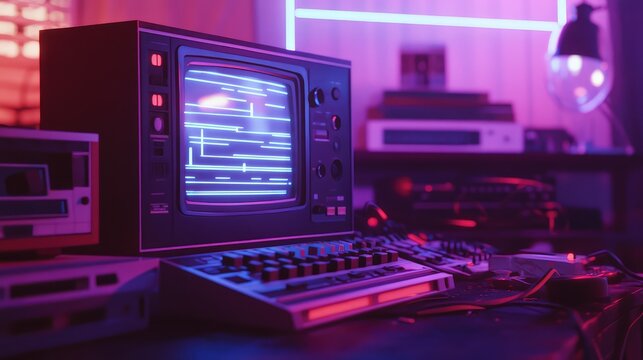 Vintage computer setup featuring an old monitor displaying abstract blue lines, a classic keyboard, and electronic equipment, all illuminated by neon cyberpunk lighting - Powered by Adobe