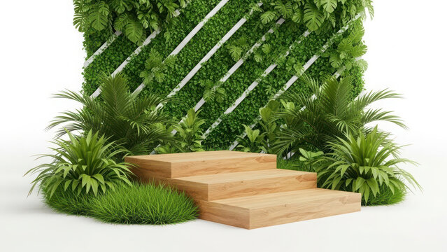 Modern vertical garden with wooden steps