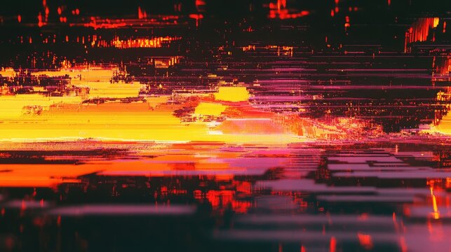 Digital data flowing across a dark reflective surface. Creating an abstract futuristic cityscape filled with vibrant orange. Red. And yellow pixels. Representing modern technology and complex networks - Powered by Adobe