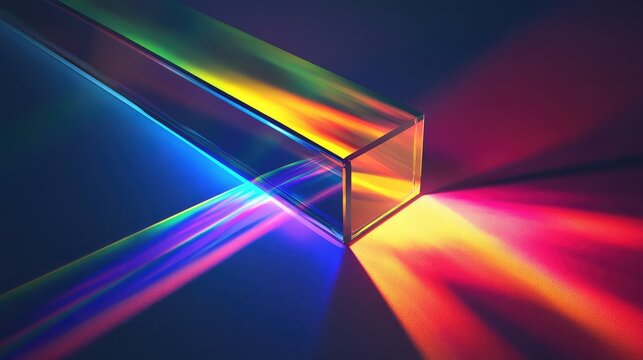 Transparent square bar diffracting and reflecting light, creating a beautiful spectrum of colors spreading across a dark surface, symbolizing scientific concepts and optical physics