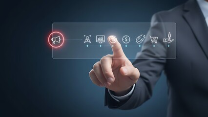 Digital Marketing at a Touch: A businessman's hand interacts with a modern digital interface showcasing a range of icons for seamless marketing.