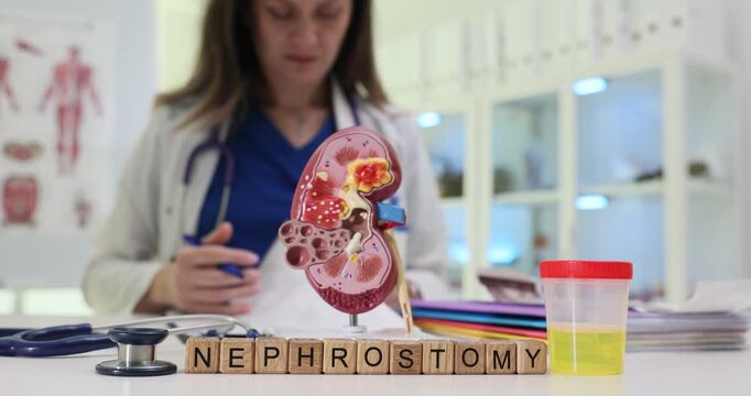 Wooden blocks spell word Nephrostomy near kidney model and urine sample in cup. Woman doctor checks chart evaluating need for surgical drainage