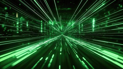 Green light trails and glowing particles rapidly moving through a futuristic abstract tunnel, symbolizing fast data transfer, network communication, and digital technology concepts