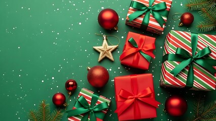 Christmas gift boxes and ornaments on green background