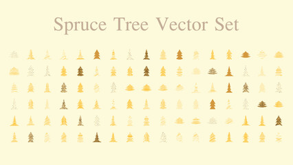 Spruce Tree Vector Set Scribble, Dotted, Gold