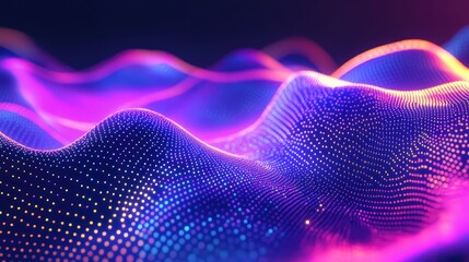 Abstract digital landscape showing glowing particle waves creating a vibrant visualization of data, network connections, and technological concepts in an innovative modern design