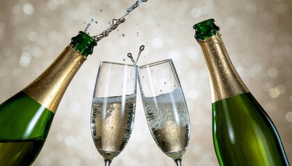 Celebration scene featuring champagne bottles and glasses clinking together sparkling wine flowing festive atmosphere
