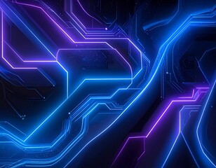 Abstract circuit board illustration with glowing neon blue and purple lines on a dark background