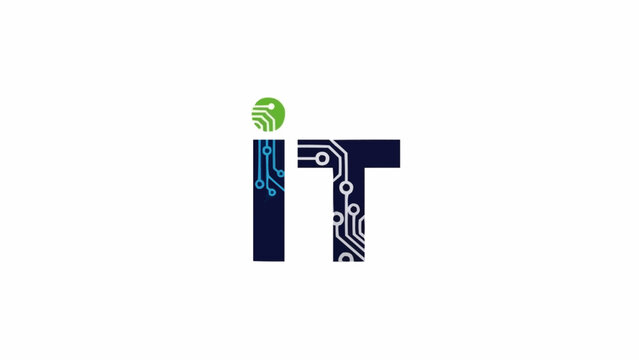 Modern IT logo with circuit board design and green sphere.