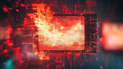 Retro television screen showing vivid red orange abstract sky corrupted by digital glitches and pixel noise, evoking media interference, system breakdown, and virtual reality distortion