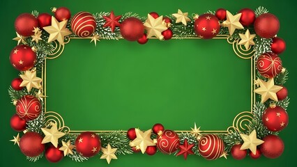 Beautiful christmas frame with red ornaments and golden stars