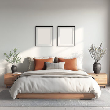 Two frames in minimal bedroom design, interior mockup 