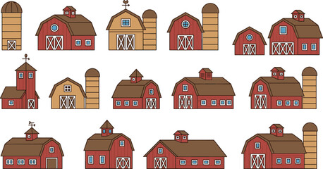 Farm barn buildings illustration set, red barns and silos collection, flat colorful vector icons for agriculture, countryside, rural architecture, farming design projects © Akaza