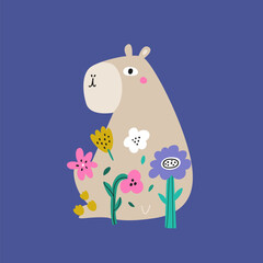 Adorable Floral Capybara. Bright Kids&rsquo; Poster and Print Illustration