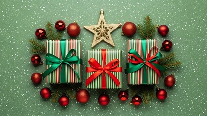 Christmas gifts arranged with ornaments and star on green background