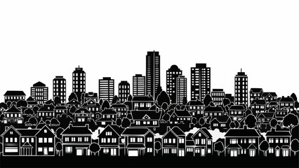 Obraz premium Silhouette of a sprawling city skyline with diverse buildings and residential homes.