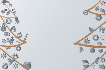 Light grey background with hand-drawn Christmas trees and festive icons. Minimal neutral holiday design ideal for New Year presentations, corporate greeting cards, banners and print templates.