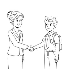 Professional line art illustration showing a female teacher in business attire shaking hands with a male student in school uniform. Clean black and white vector design perfect for educational material